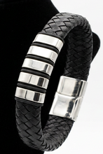 Load image into Gallery viewer, Black Leather Bracelet with Silver Accents

