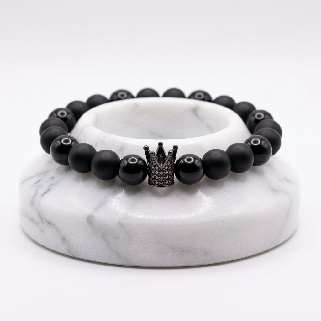 Black Matte and Polished Beaded Bracelet with a Black Crown – D’Marie ...